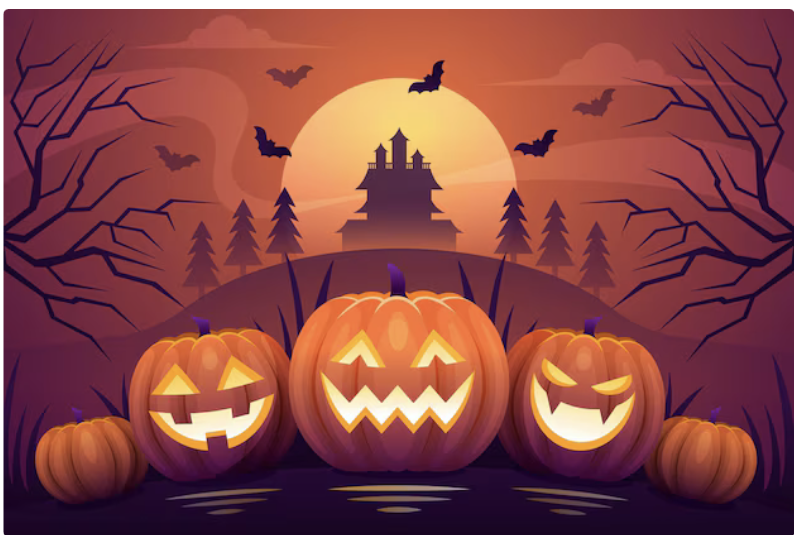 Illustrative pumpkins, trees, bats and castle