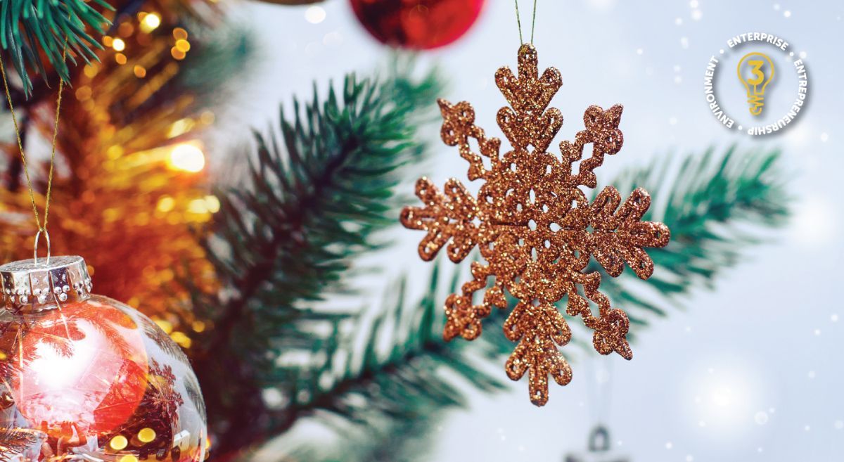 Snowflake ornament hanging on a Christmas tree