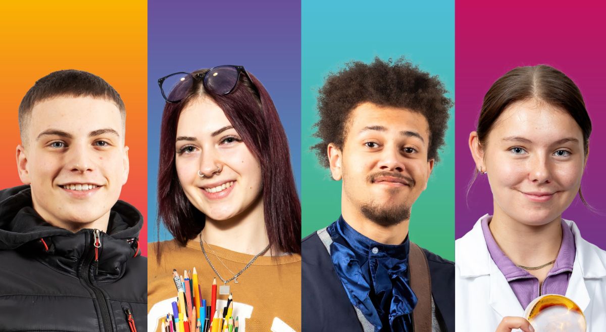 Two male and two female students on colourful backgrounds. 