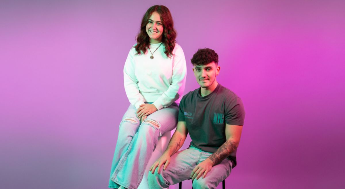 Two male and two female students on colourful backgrounds. 