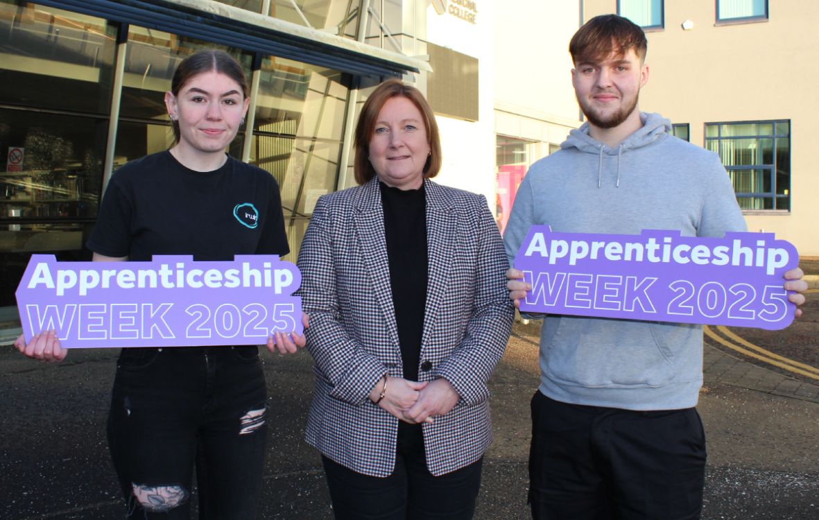 2 apprentices and staff outside Newtownards campus