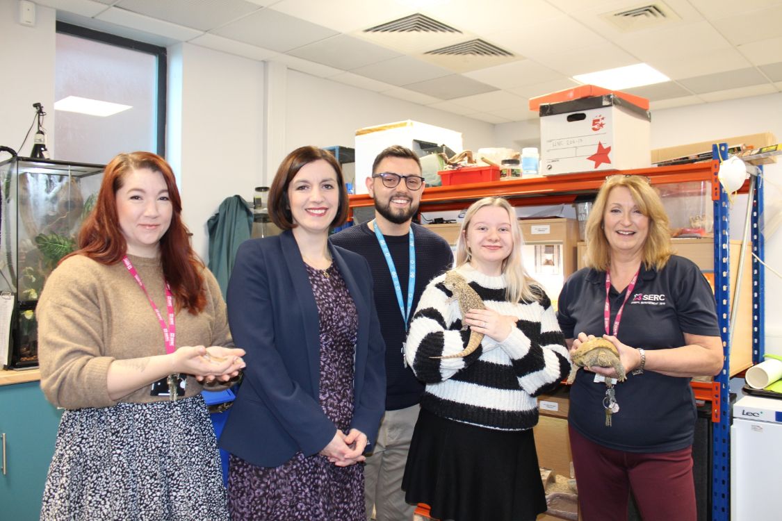 Hannah Rodgers , Minister, Chris Kernaghan, past student Holly Crossey, Gill Cave and Sheldon the Tortoise 