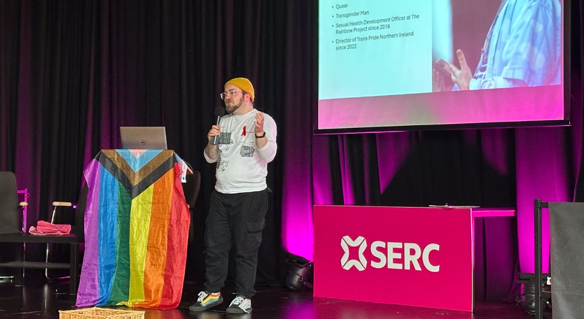 Picture of Leo Lardie giving a talk at the SERC Bangor Pride event