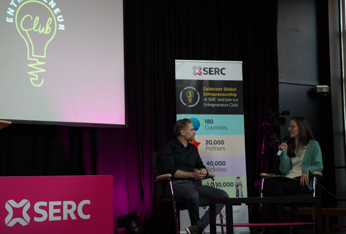 Natasha Lloyd (right) leads the q and a session with Phil Hunter (left) after his presentation at SERC Bangor Campus