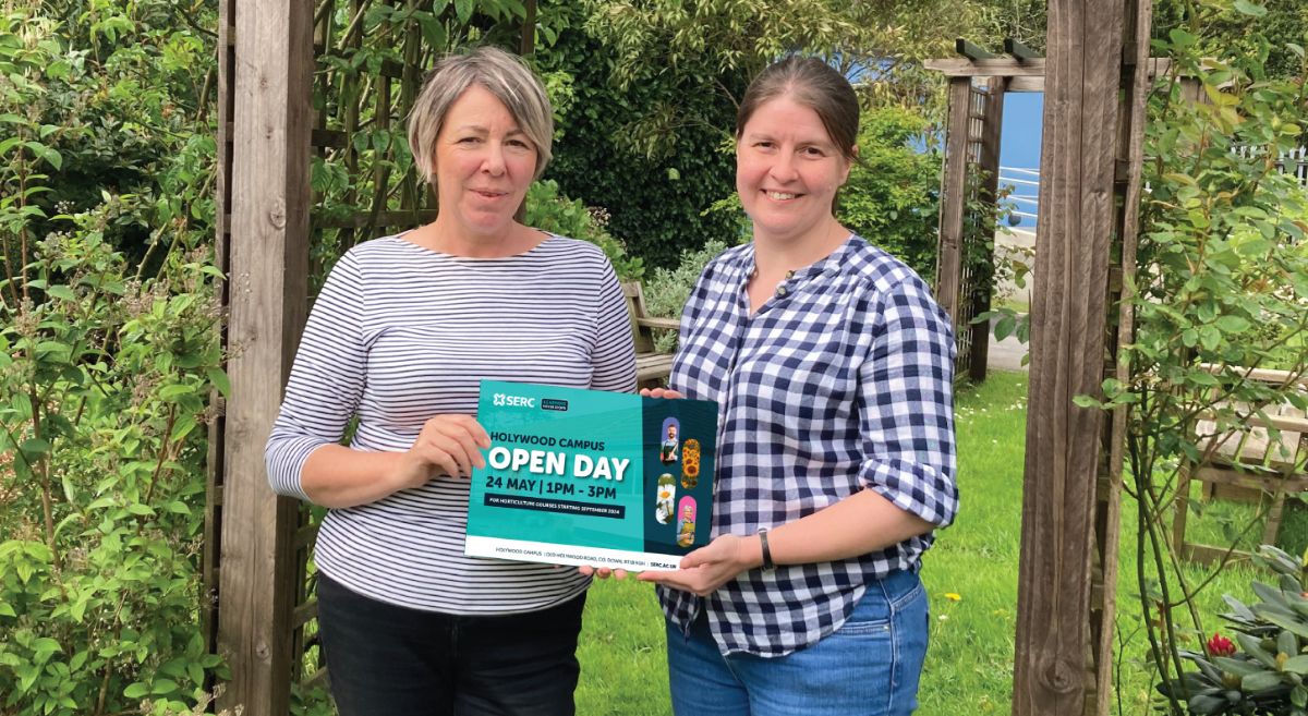 Horticulture Curriculum Manager Claire Dunwoody and student Helen McAneney hold a leaflet advertising the open day at the SERC Holywood Campus.