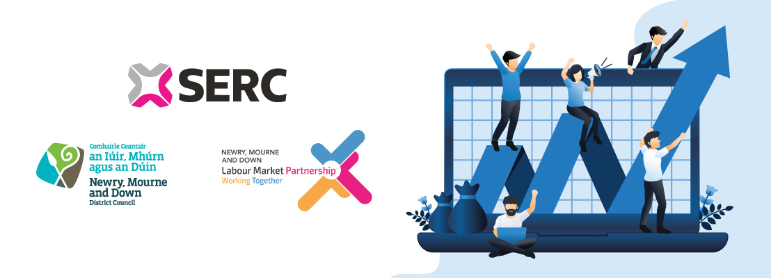 Image showing SERC Logo, Newry, Mourne and Down District Council Logo and Labour Market Partnership Logo and illustration of people and a laptop