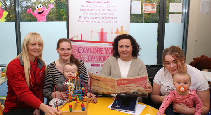 Careers Officer, Nora Sherry from South Eastern Regional College visited Lisburn Sure Start to speak to parents about returning to education through the College as part of their newly launched Careers Outreach Programme, free to local voluntary and community groups in the Lisburn area.  (L-R) Debbie Abernethy, Lisburn Sure-Start Child Health Worker, Kassandra Patton, Mason Patton, Nora Sherry, SERC Careers Officer, Lauren Massey, Sophia Massey-Mahaffy