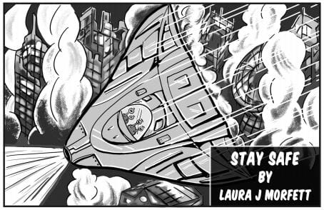 A graphic from Laura's Comic strip, showing a space ship flying