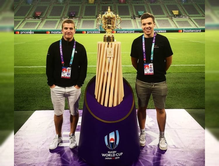 Philip with colleague at Rugby World Cup in Kobe, Japan