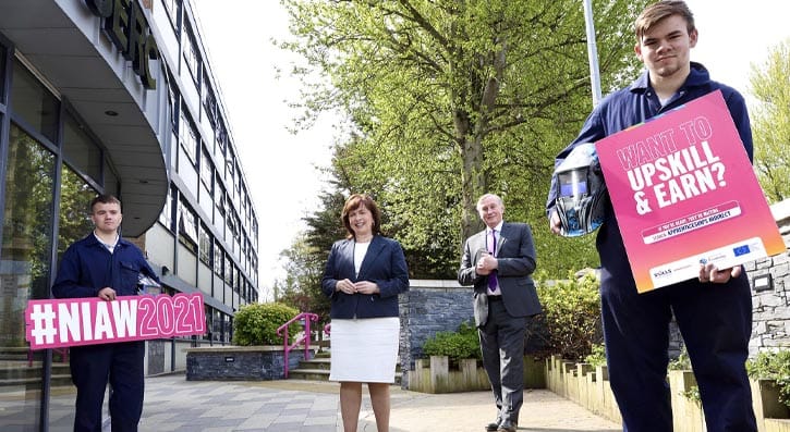 Economy Minister Diane Dodds pictured at SERC on day one of NI Apprenticeship Week 2021 with (l-r) apprentice Matthew Ramm, SERC Principal Ken Webb and apprentice Dillon Graham.