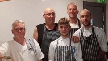 Conor front middle with colleages at Tedfords Kitchen