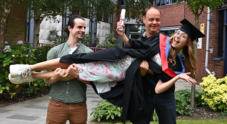 Zoe Moore from Bangor celebrates her HND in Music (Production) with a lift from her father, Allan Moore and boyfriend, Martin Smyth