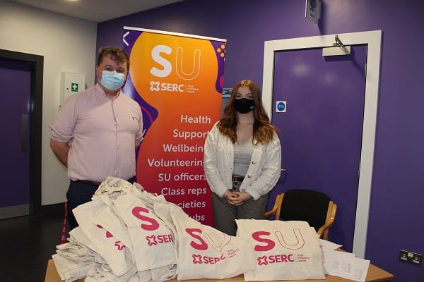 Student Engagement Officers Ross Currie and Anna Leahy welcome students to Freshers' Week at Lisburn Campus