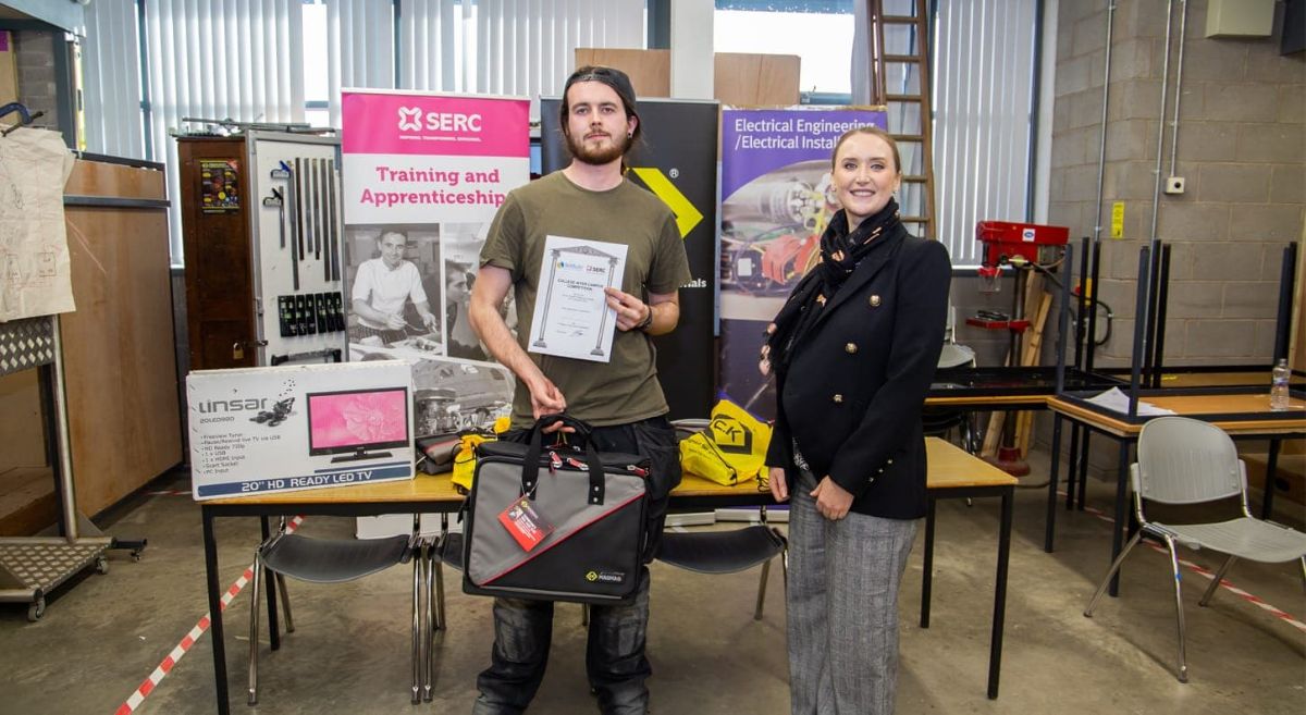 1st place Level 3 Electrical Installation Apprentice Michael Lamont from Belfast, employed by P Dougan Electrical Services, with Rachel McKeeman, Director of Industry Training & Support at Construction Industry Training Board NI (CITB NI).