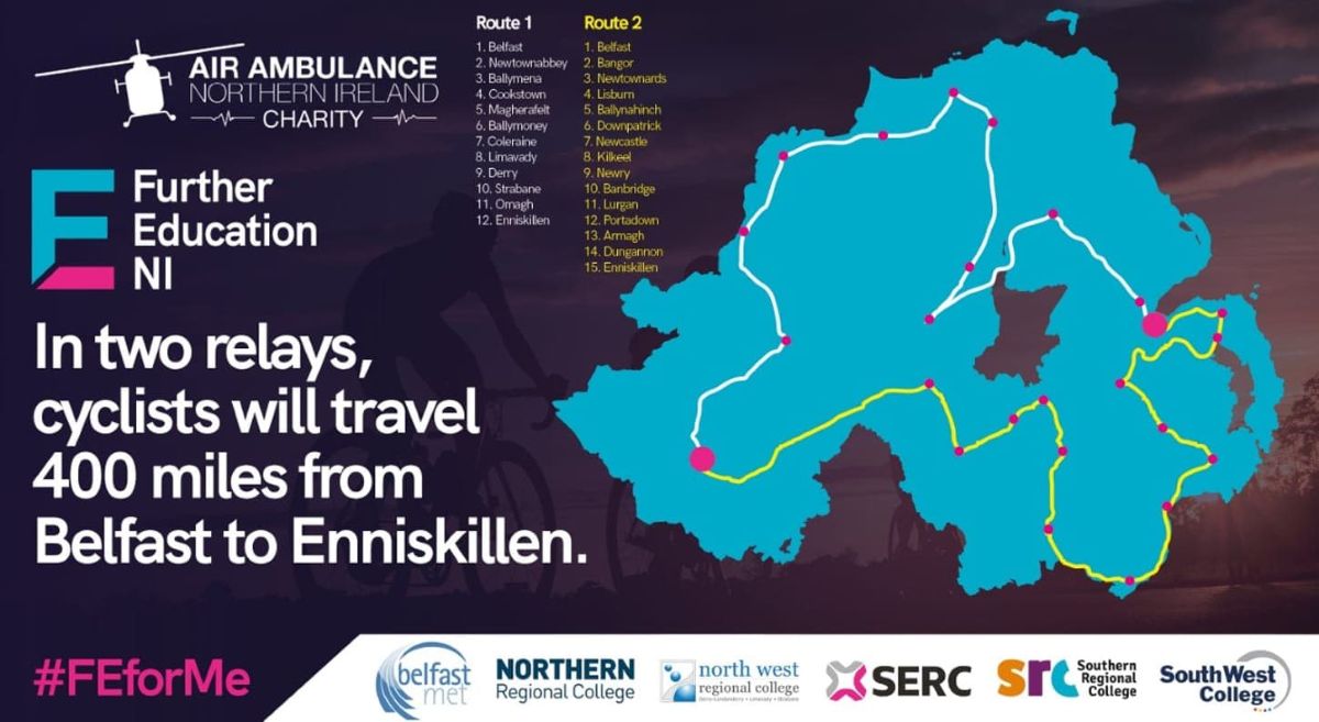 Map of NI displaying the campuses and route of the cycle.