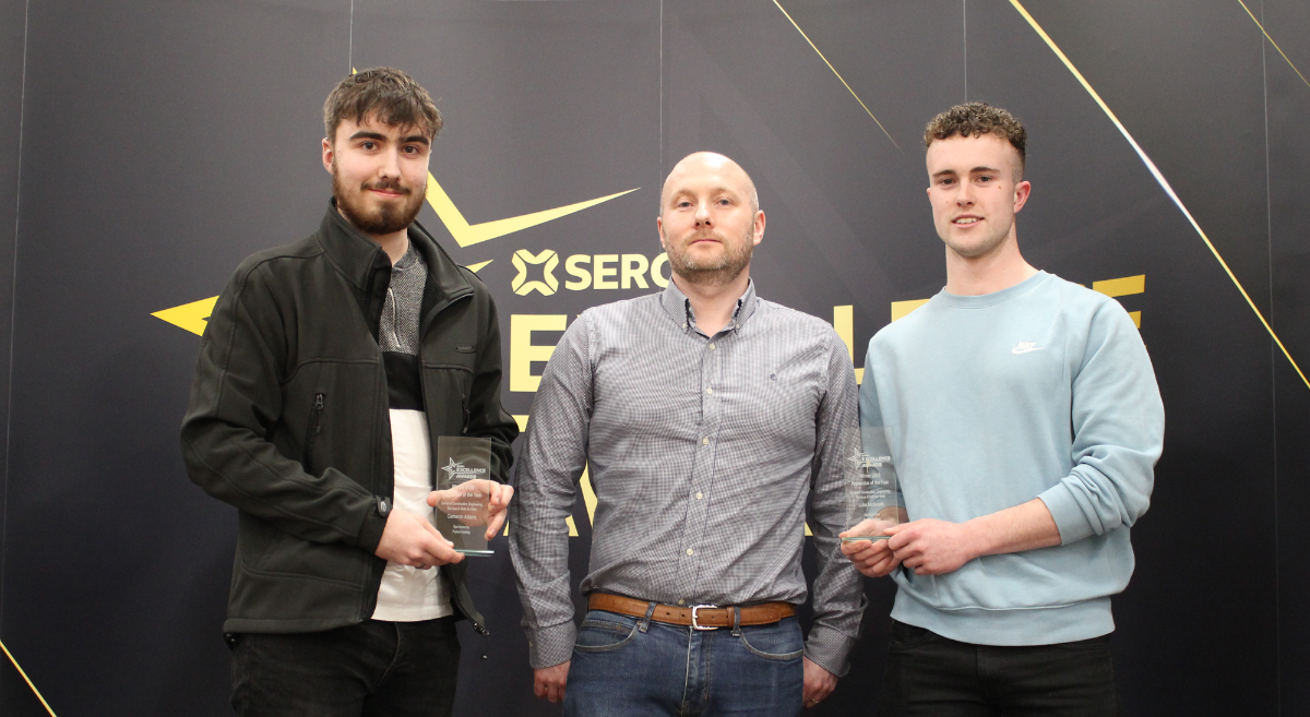 Overall Apprentice Campus Winners Luke McIlwrath (Ballynahinch) and Cameron Adams (Lisburn) with (centre) Colin Markey, Electrical Contracts Manager, Fusion Heating 