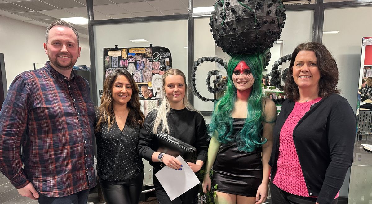 Stephen Hanna (SERC Hairdressing Lecturer and Hairdresser), Sunita Shaw (Make-up Artist), 2nd Place Student Casey Floyd (Level 3 NVQ Diploma in Hairdressing), Charlotte Apperly (Model) Maria Stafford (Denman Brush Representative)