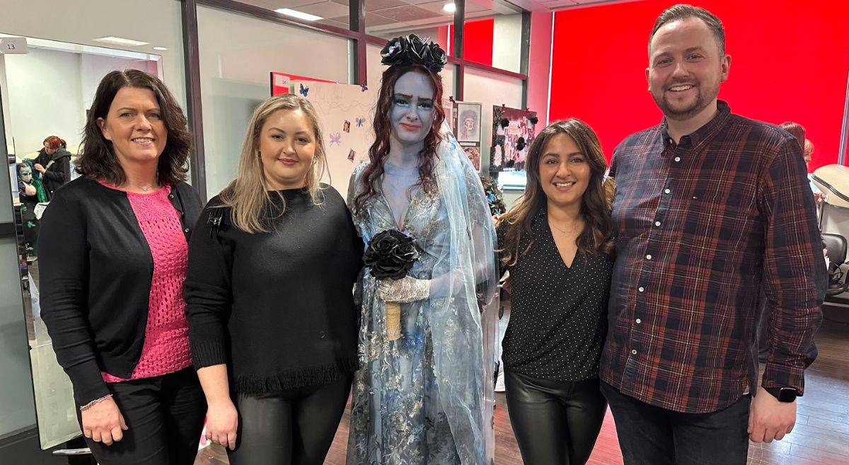 Maria Stafford (Denman Brush Representative), 3rd Place Student Molly Davis (Level 3 NVQ Diploma in Hairdressing), Chantelle Dunlop (Model) Sunita Shaw (Make-Up Artist), Stephen Hanna (SERC Hairdressing Lecturer and Hairdresser)