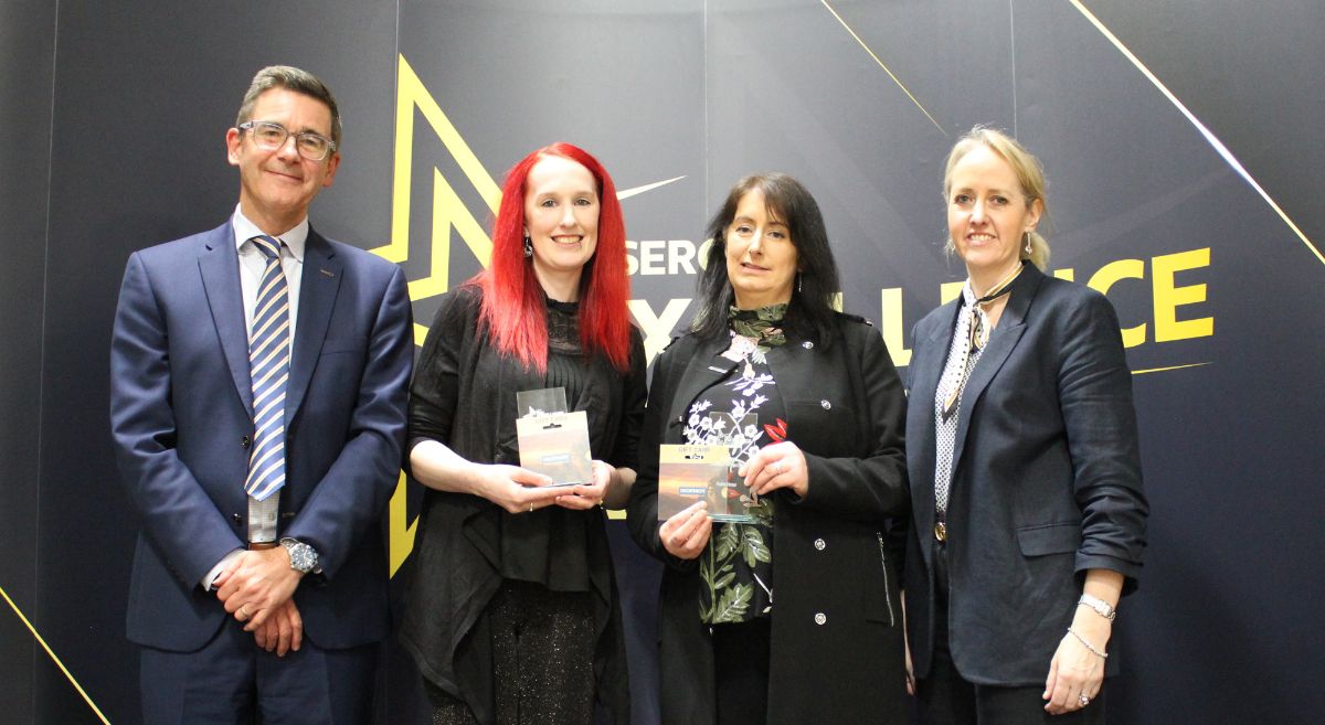 Laura Wright  and Pauline Horner Winners of the Excellence in Project Work presented by Guest Speaker Lynne McCabe  with Alan McCrum, Governing Body 