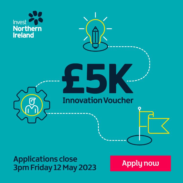 Graphic with Innovation voucher logos £5K and closing date 3pm Friday 12 May 2023